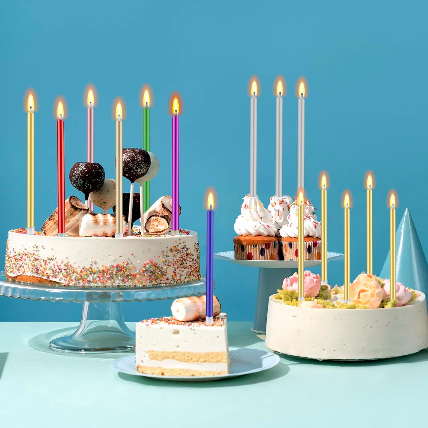 48 - Count Birthday Candles Long Thin Cake Candles - Birthday Candles, Birthday Parties, Wedding Decorations, Party Candles (Silver)