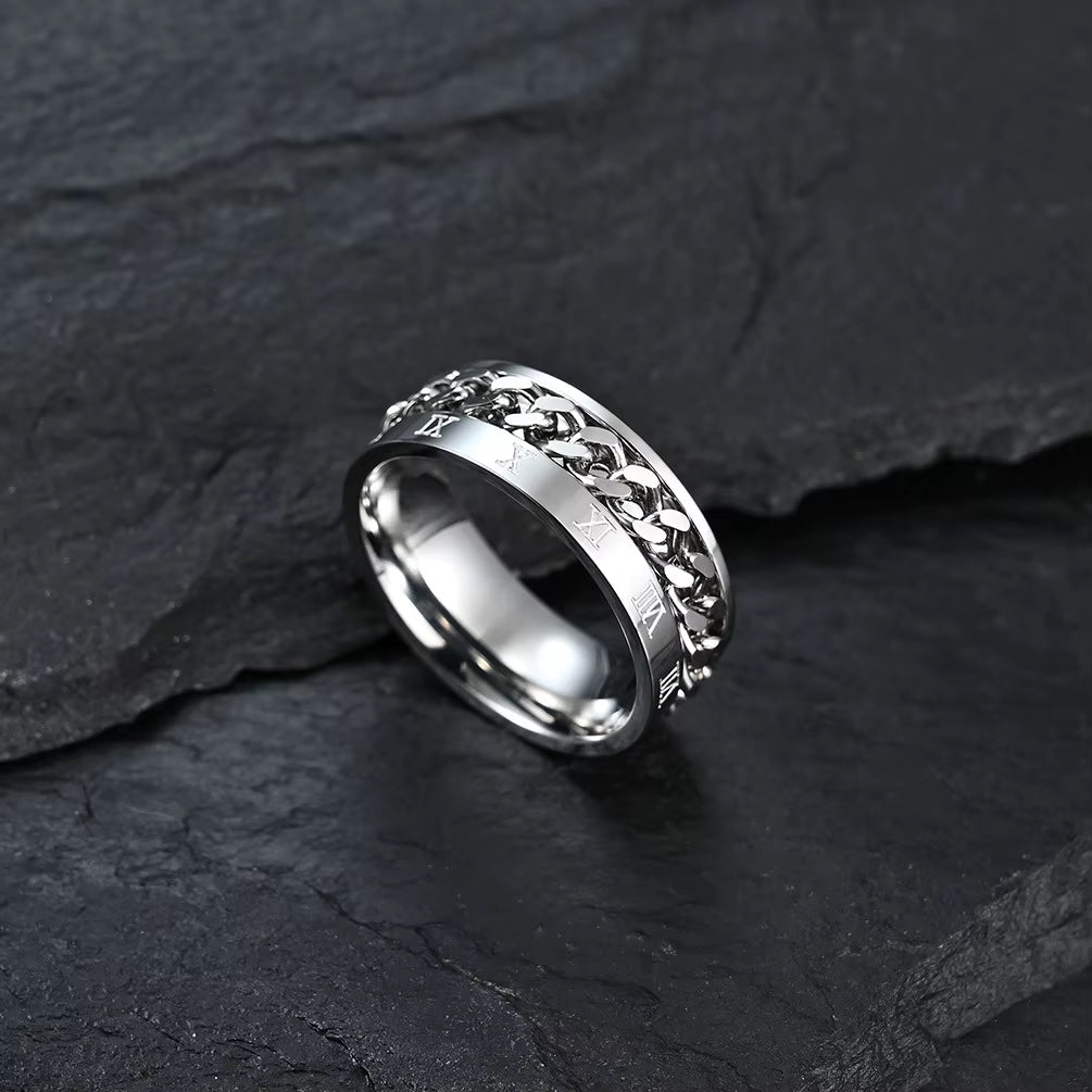 Roman Numerals Stainless Steel Chain Rotating Anxiety Black Rings for Men Fidget Metal Spinner Knuckle Ring Anillos De Hombre