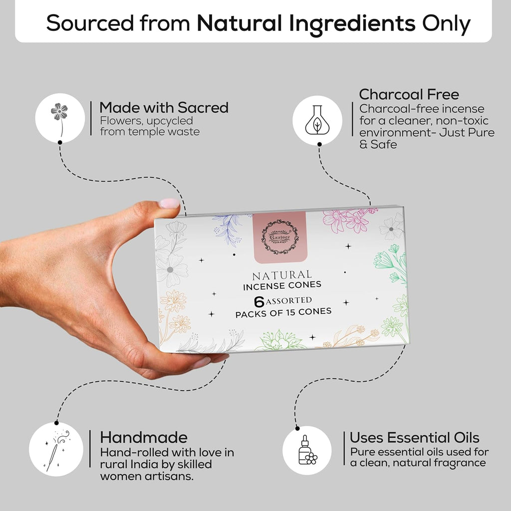 Natural Incense Cones,6 Pack Mixed Scents Gift Pack 15 Pc Each (90 Total), Insense Cones Variety Pack, 100% Organic Non Toxic Natural - Hand Rolled Free from Chemicals (Pack 3)