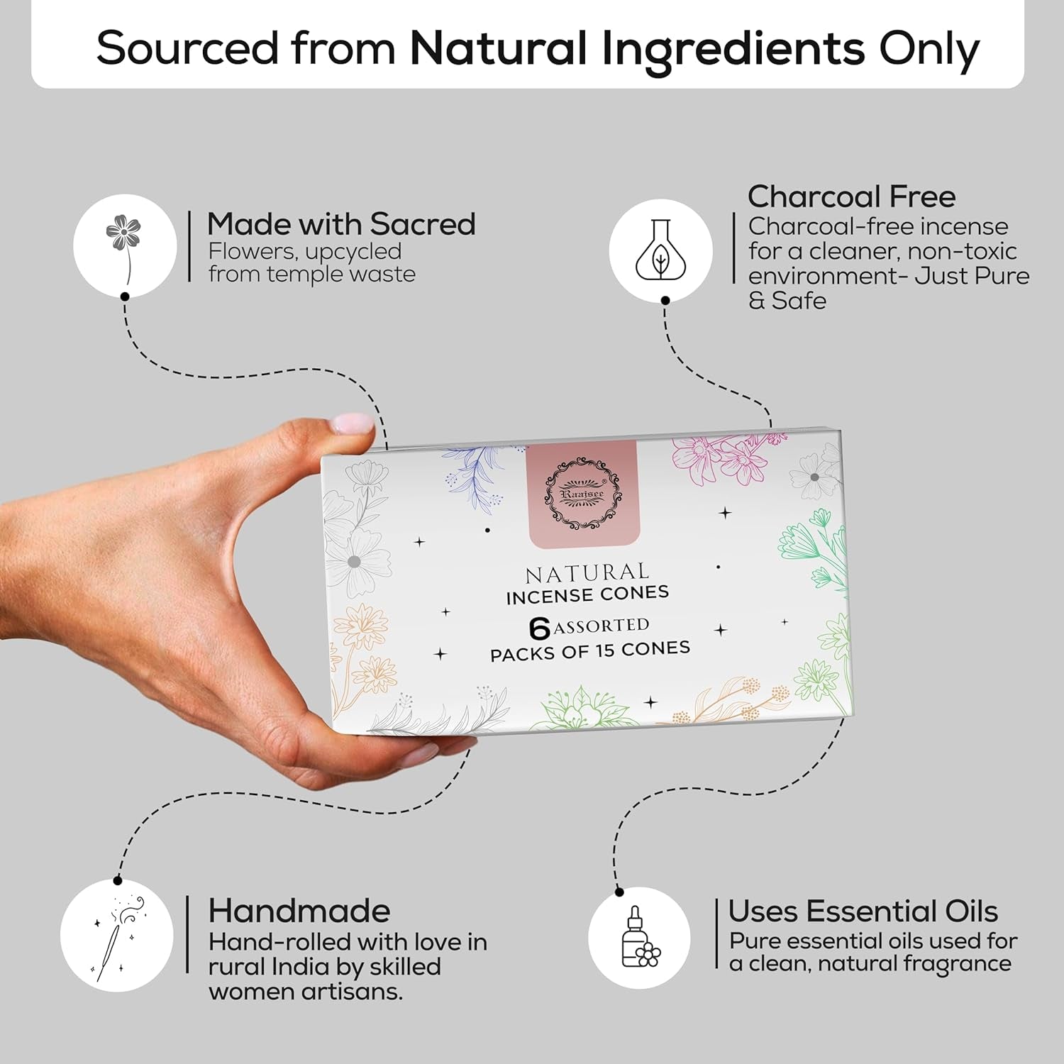 Natural Incense Cones,6 Pack Mixed Scents Gift Pack 15 Pc Each (90 Total), Insense Cones Variety Pack, 100% Organic Non Toxic Natural - Hand Rolled Free from Chemicals (Pack 3)