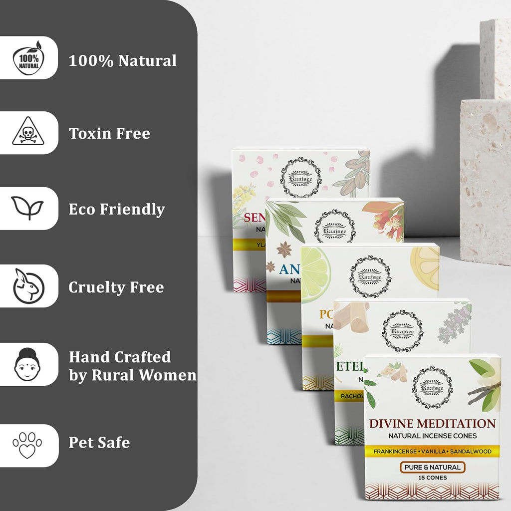 Natural Incense Cones,6 Pack Mixed Scents Gift Pack 15 Pc Each (90 Total), Insense Cones Variety Pack, 100% Organic Non Toxic Natural - Hand Rolled Free from Chemicals (Pack 3)