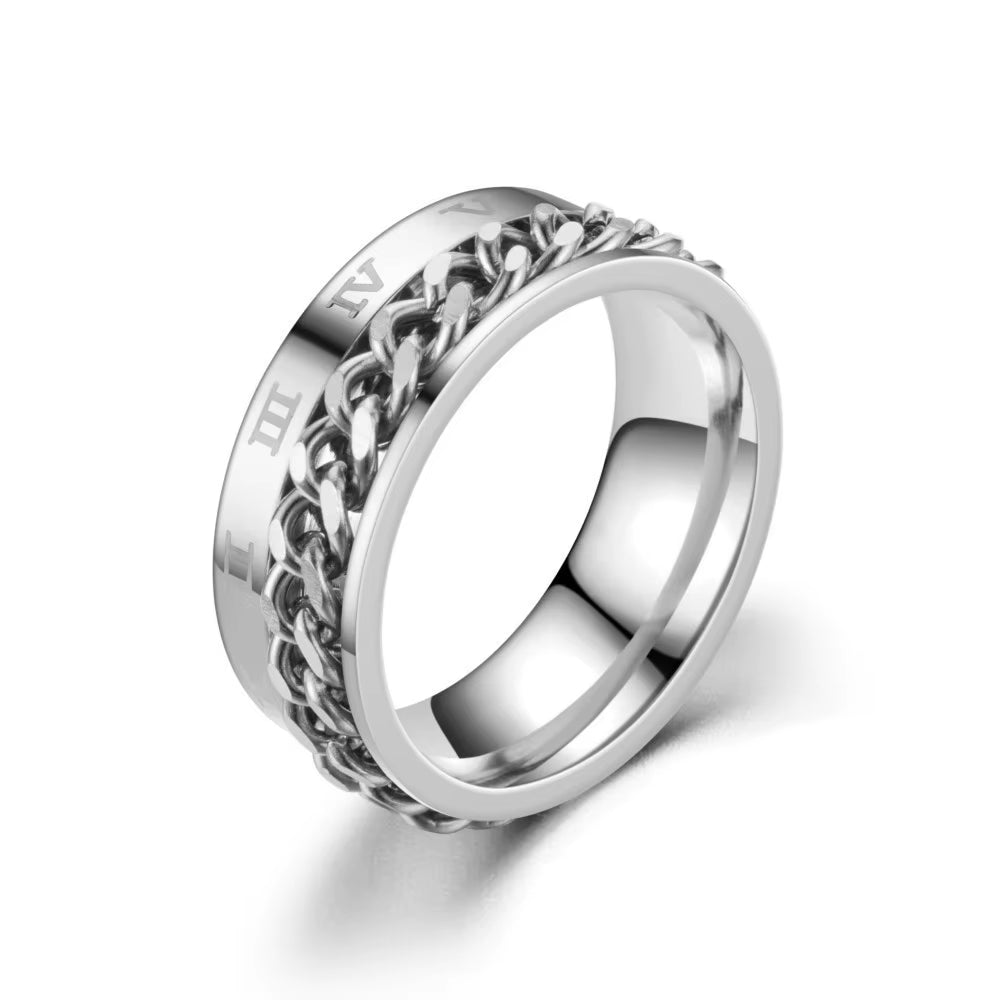 Roman Numerals Stainless Steel Chain Rotating Anxiety Black Rings for Men Fidget Metal Spinner Knuckle Ring Anillos De Hombre