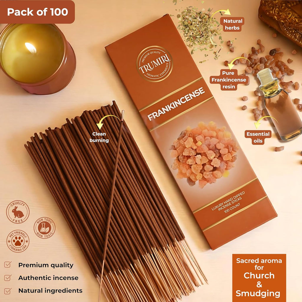 Frankincense Incense Sticks - Pack of 100 Insence-Sticks for Catholic Christian Church - Made with Natural Non Toxic Incienso - Scented Insense Spiritual Agarbatti Incents