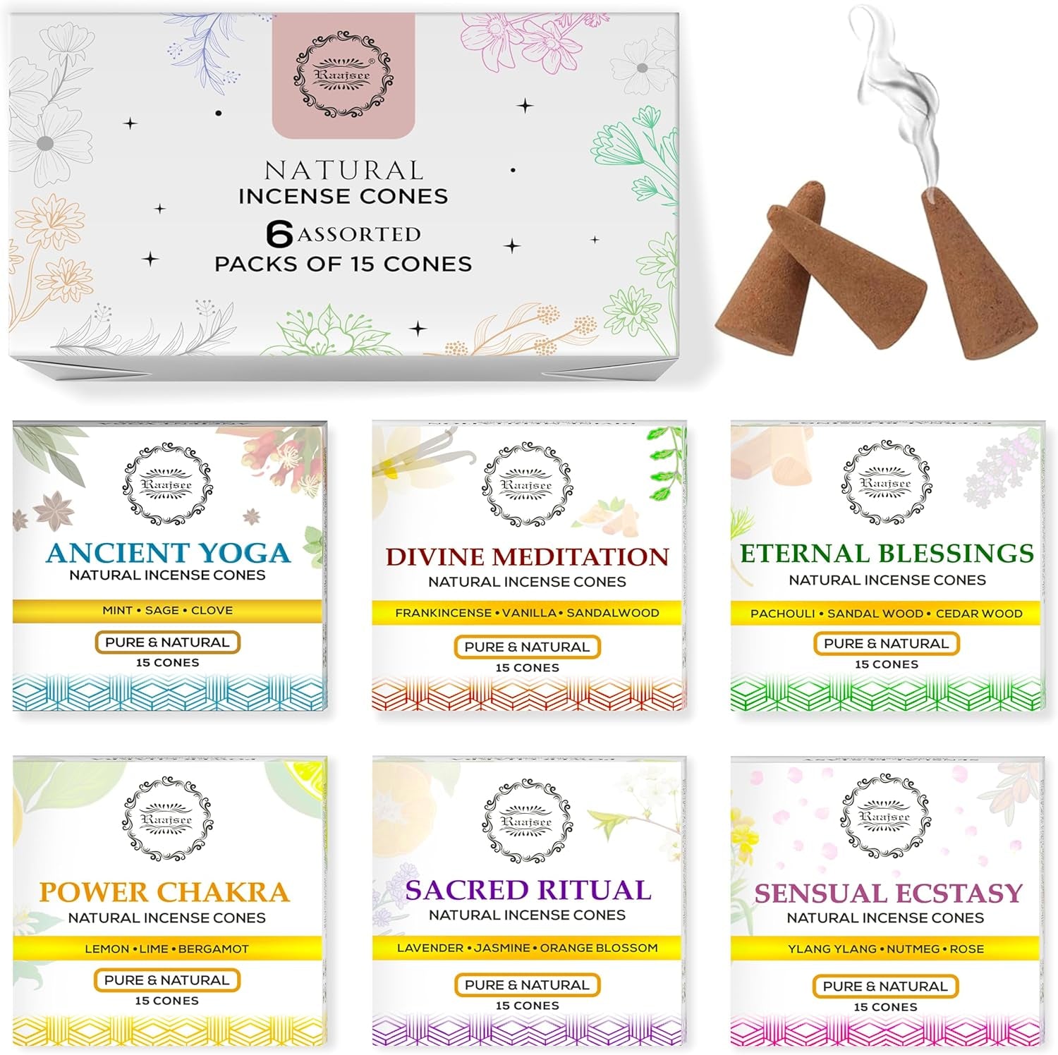 Natural Incense Cones,6 Pack Mixed Scents Gift Pack 15 Pc Each (90 Total), Insense Cones Variety Pack, 100% Organic Non Toxic Natural - Hand Rolled Free from Chemicals (Pack 3)