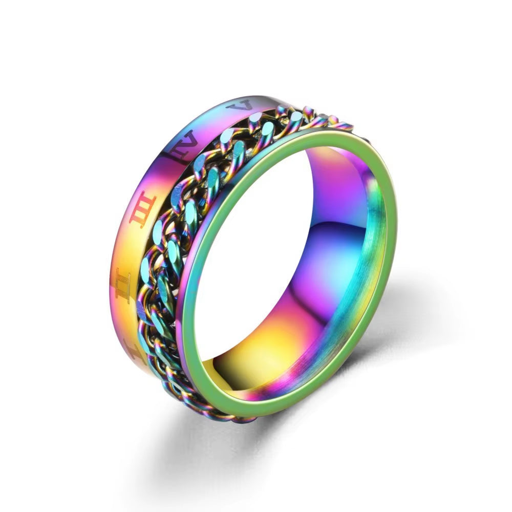 Roman Numerals Stainless Steel Chain Rotating Anxiety Black Rings for Men Fidget Metal Spinner Knuckle Ring Anillos De Hombre