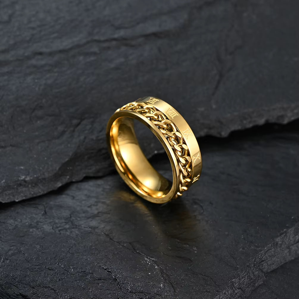 Roman Numerals Stainless Steel Chain Rotating Anxiety Black Rings for Men Fidget Metal Spinner Knuckle Ring Anillos De Hombre