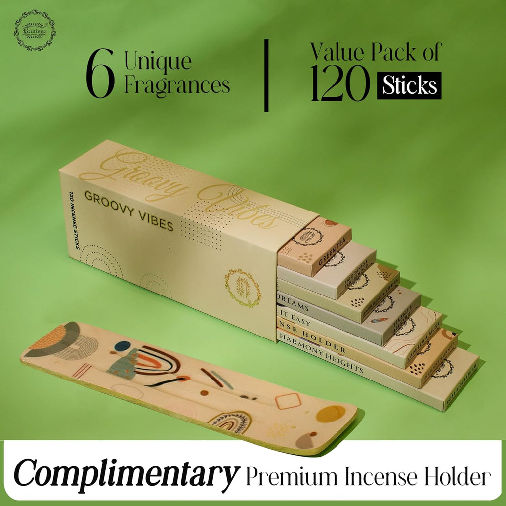 Incense Sticks Organic Non Toxic - Pack of 6 Natural Inscents with Insence Holder -120 Sticks, Clean Burn, Boho Gift Set, Palo Santo & Sandalwood, Vanilla Musk, Rose, Green Tea, Lemon Grass
