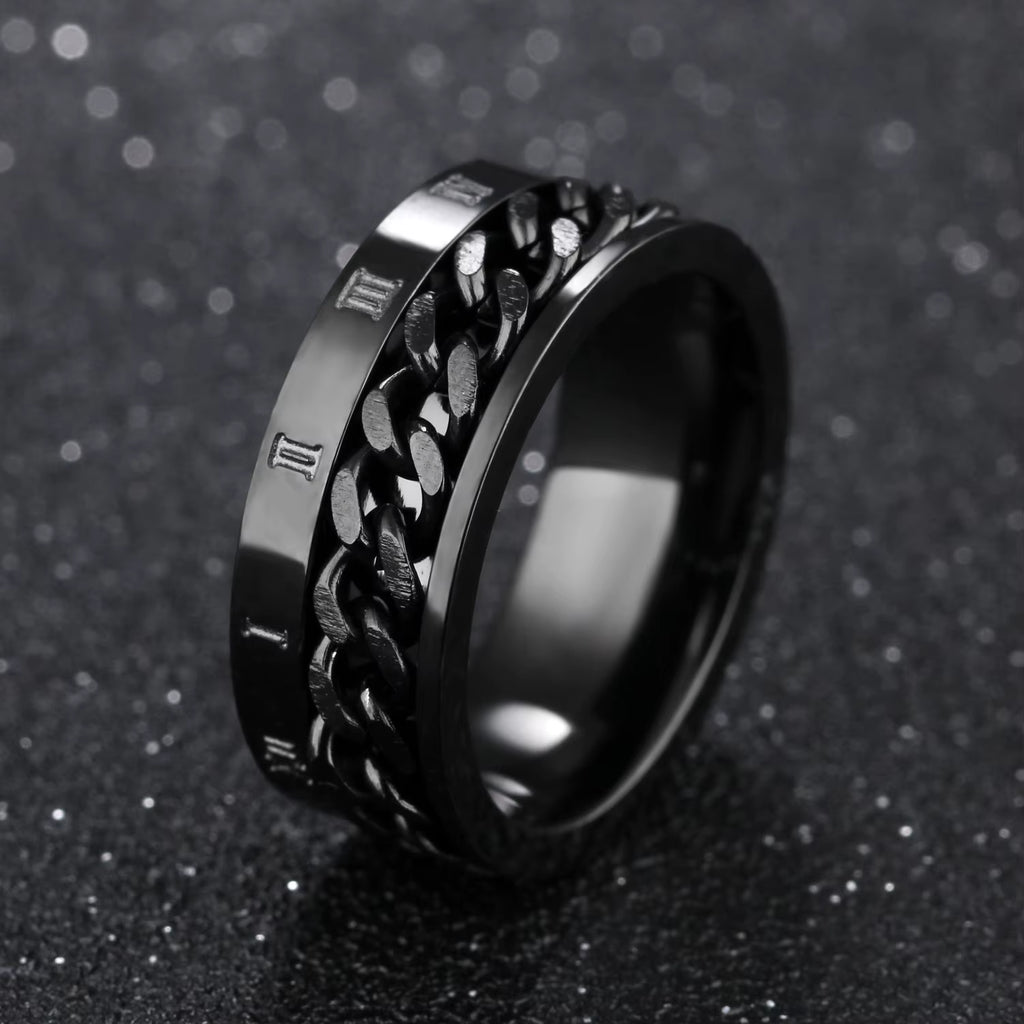 Roman Numerals Stainless Steel Chain Rotating Anxiety Black Rings for Men Fidget Metal Spinner Knuckle Ring Anillos De Hombre