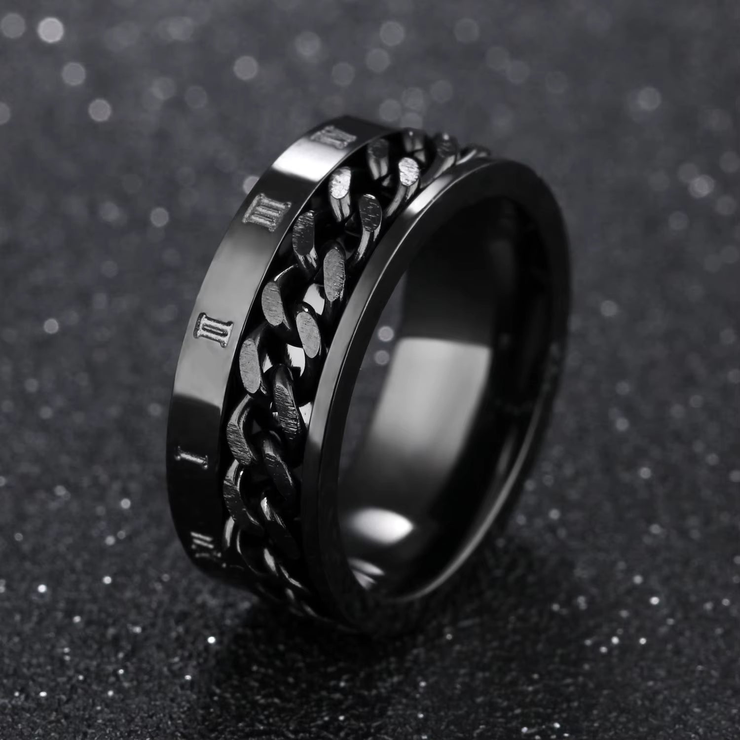 Roman Numerals Stainless Steel Chain Rotating Anxiety Black Rings for Men Fidget Metal Spinner Knuckle Ring Anillos De Hombre