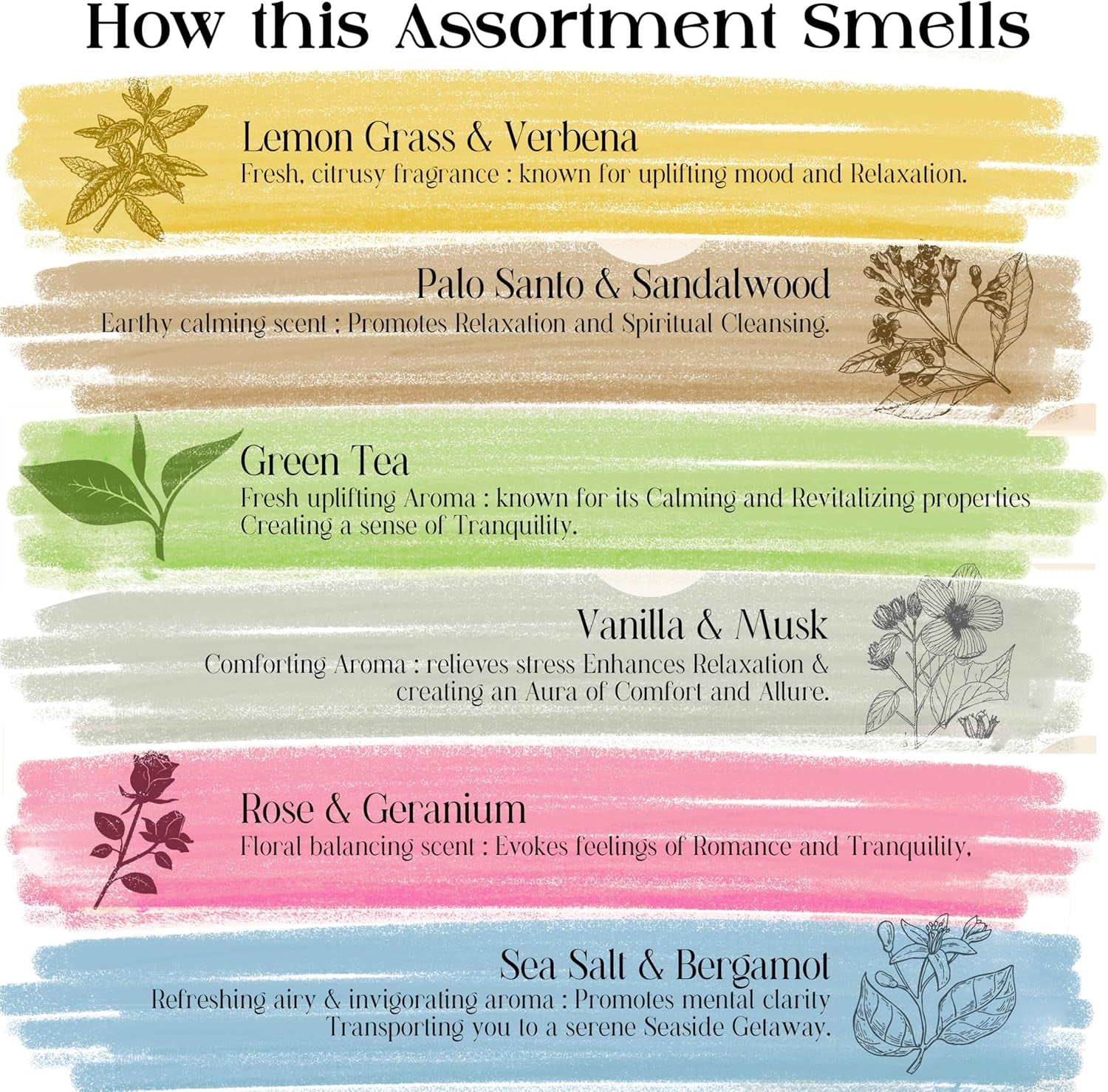 Incense Sticks Organic Non Toxic - Pack of 6 Natural Inscents with Insence Holder -120 Sticks, Clean Burn, Boho Gift Set, Palo Santo & Sandalwood, Vanilla Musk, Rose, Green Tea, Lemon Grass