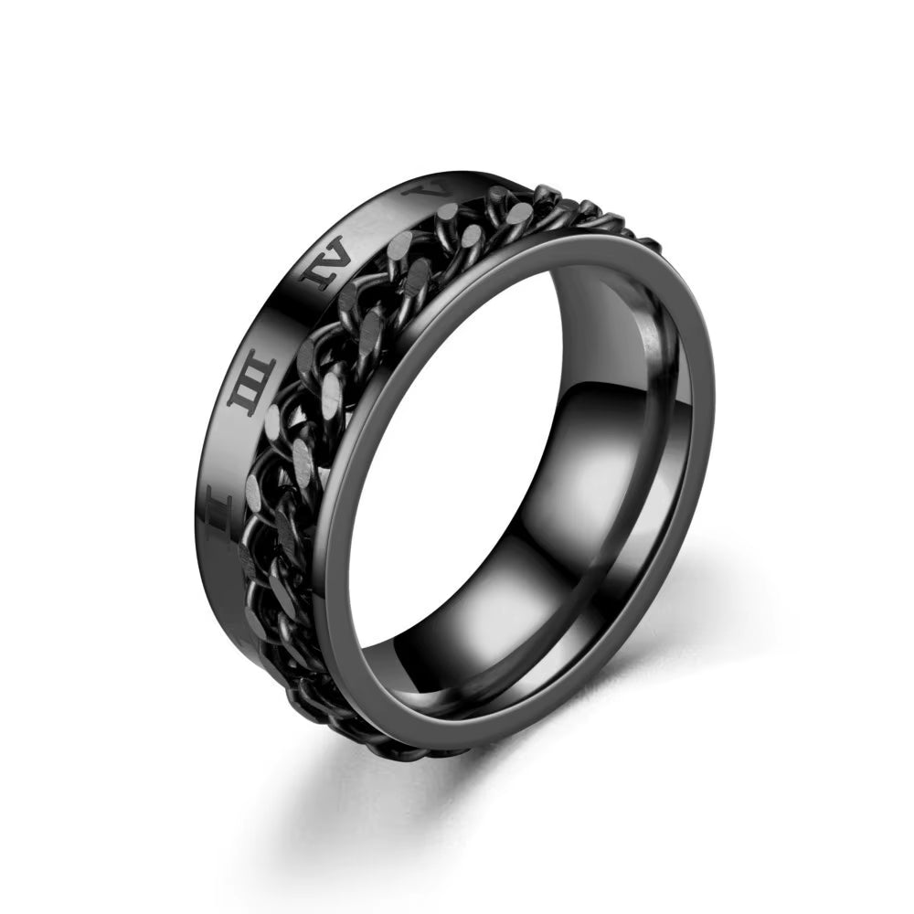 Roman Numerals Stainless Steel Chain Rotating Anxiety Black Rings for Men Fidget Metal Spinner Knuckle Ring Anillos De Hombre