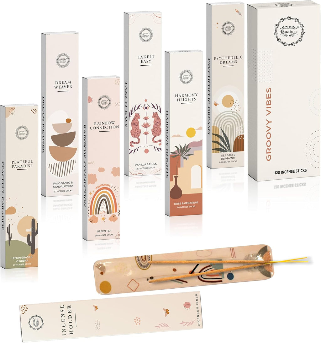 Incense Sticks Organic Non Toxic - Pack of 6 Natural Inscents with Insence Holder -120 Sticks, Clean Burn, Boho Gift Set, Palo Santo & Sandalwood, Vanilla Musk, Rose, Green Tea, Lemon Grass