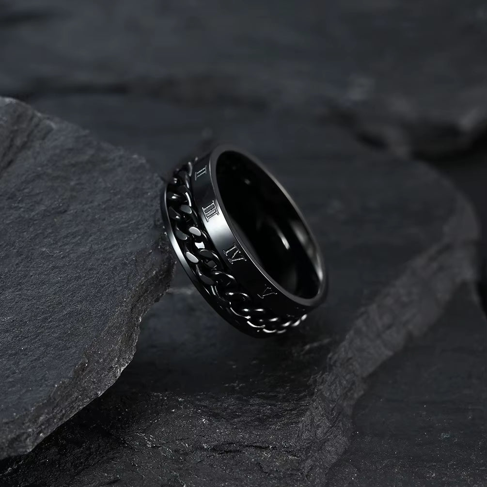 Roman Numerals Stainless Steel Chain Rotating Anxiety Black Rings for Men Fidget Metal Spinner Knuckle Ring Anillos De Hombre