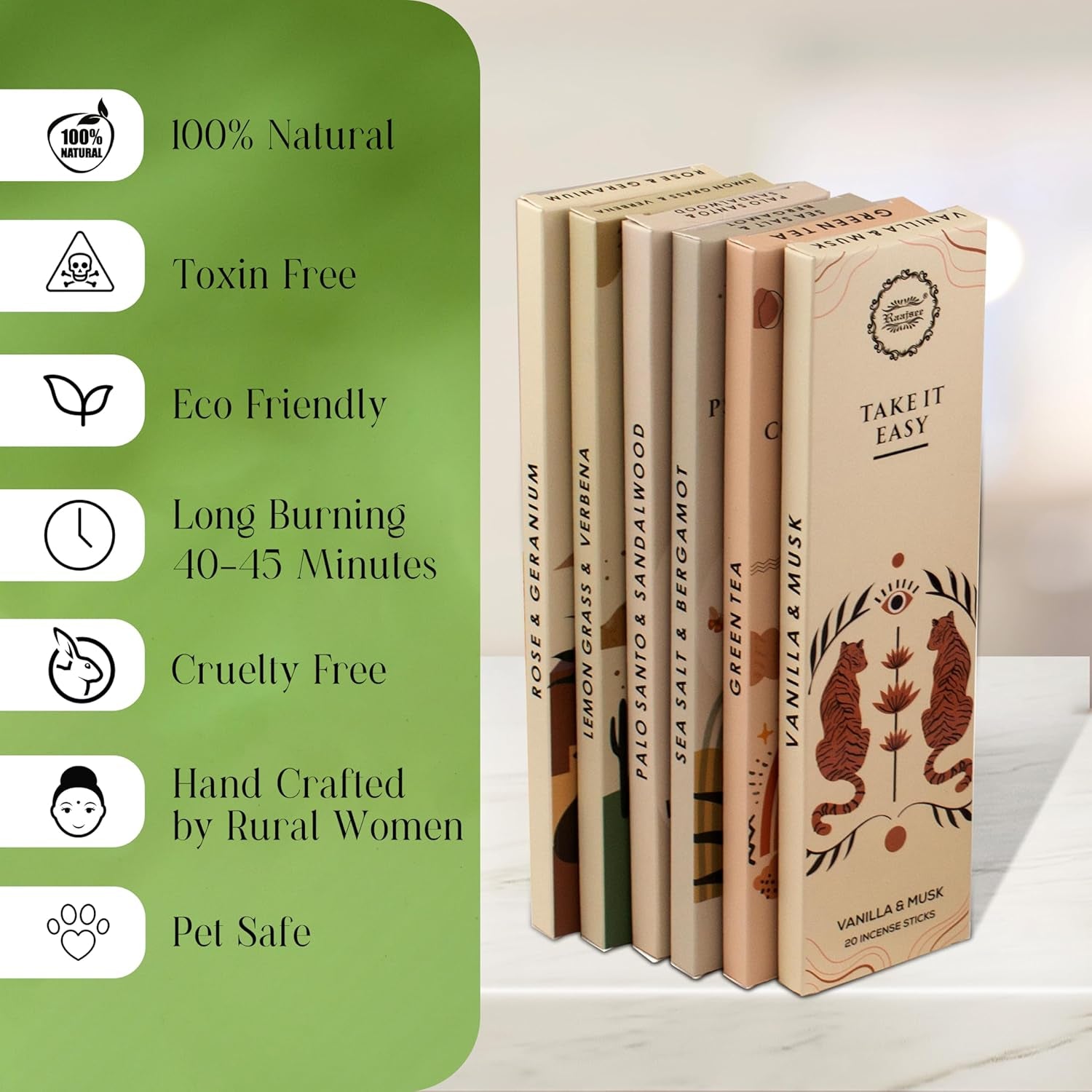 Incense Sticks Organic Non Toxic - Pack of 6 Natural Inscents with Insence Holder -120 Sticks, Clean Burn, Boho Gift Set, Palo Santo & Sandalwood, Vanilla Musk, Rose, Green Tea, Lemon Grass